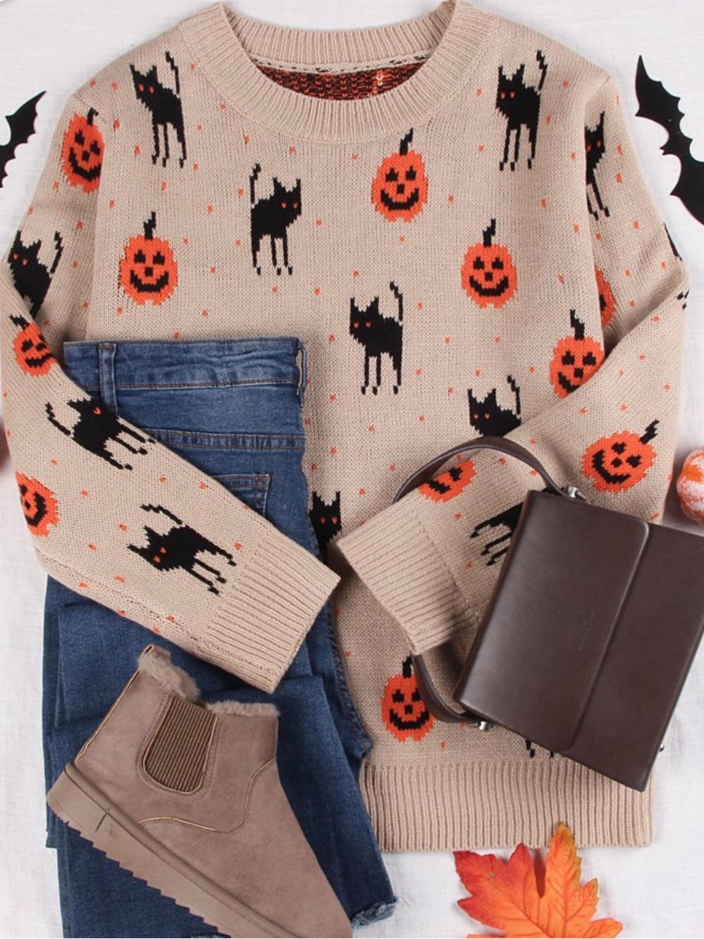 Beige Halloween Pumpkin & Cat Knit Sweater - Women